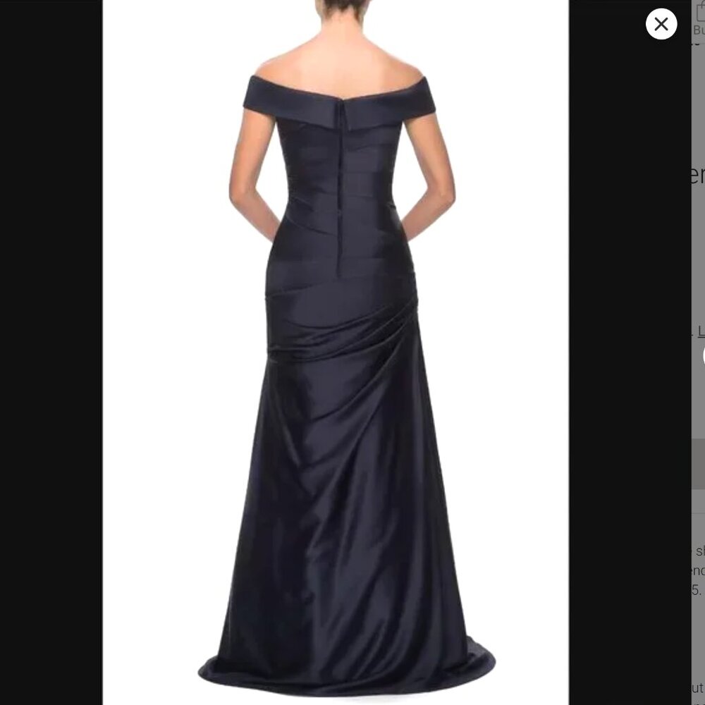 La Femme Off Shoulder Ruched Satin Trumpet Gown in Midnight Blue, size 10, NWOT! - Picture 3 of 11